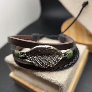 Brown and Black Leather Bracelet with Leaf Charm